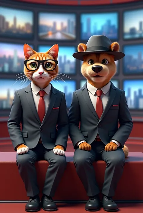 anthropomorphic cat and dog , glasses, hat, suit and tie and is sitting on a TV studio bench presenting a news program in the background several monitors with images of the city