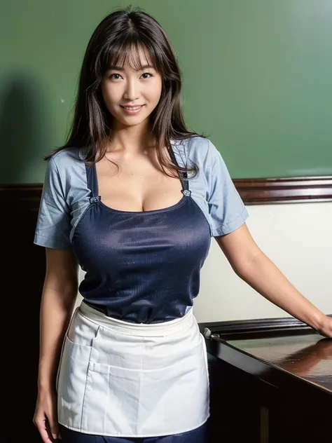 (from above),(Japanese Woman),(Supermarket clerk),(huge breasts:1.5),(thin waist:1.4),(thin body:1.5),(Shirts and aprons:1.4),(Dark brown hair),(Carl outward hair:1.5),(dark skin),(aquiline nose:1.4),She has a naughty smile on her face,(((top-quality,maste...