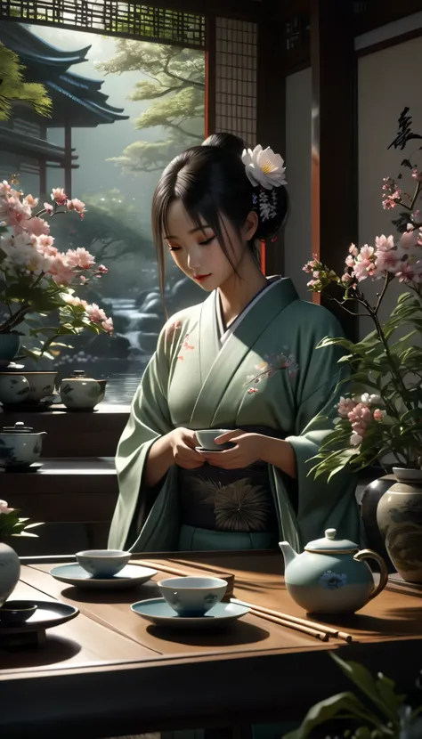 a beautiful girl in a serene moonlit garden, performing a traditional japanese tea ceremony, long flowing kimono, graceful movements, delicate porcelain teacup, lush greenery, moonlight shimmering, intricate flower arrangements, calming atmosphere, (best q...