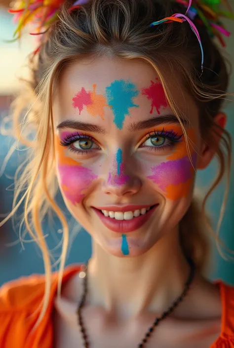 CREATE A BLONDE GIRL, realistic, colorful carnival makeup, colorful hair, colorful clothes 