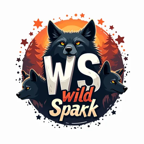 A vibrant, professional graphic design featuring flat vector art Logo with a bold, as some animals around or under circle: [Line, wolf or some other] graffiti-inspired font that exudes urban grit, {WS} as logo under circle, Text: {wild Spark text as circle...