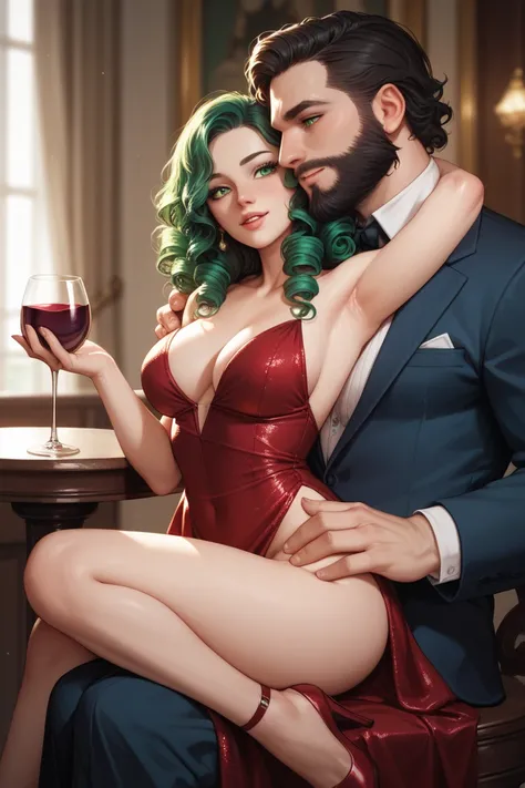  Woman,  green eyes,  long curly red hair, Sexy wine dress , sitting on the lap of a tall , short black hair, big beard,  uncensored