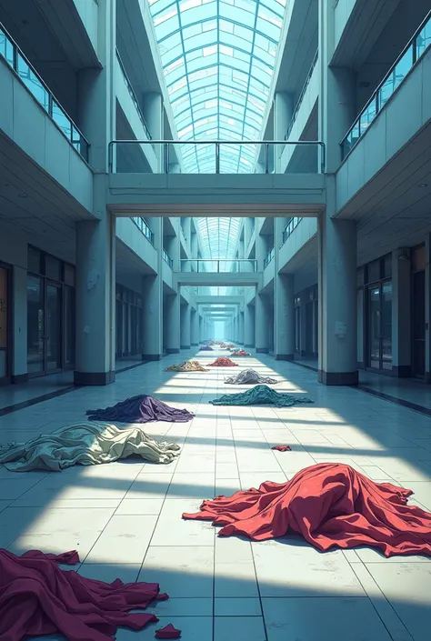 (draw the interior of an empty shopping mall with people's clothes lying on the floor, draw it in anime style.)