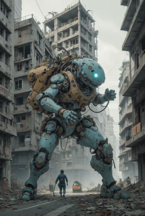 Rescue robots explore buildings。I can see the steel tower 。A robot about 1 meter long。1 slit camera eye。 has no neck or head。Two thick legs。two thick hands。Five fingertips。 backpack with a very large back。antenna。 color is blue。Rusty。 connections。 after ra...