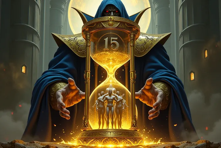 An hourglass with people inside, Darkseid holds them in his hands, the watch is engraved 15, pure gold watches,  art nouveau style 