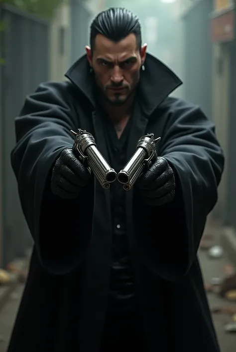  in the same style ,  a guy dressed in a black robe, carrying two pistols reminiscent of Vash de Trigun's gun,  with short hair and goatee 