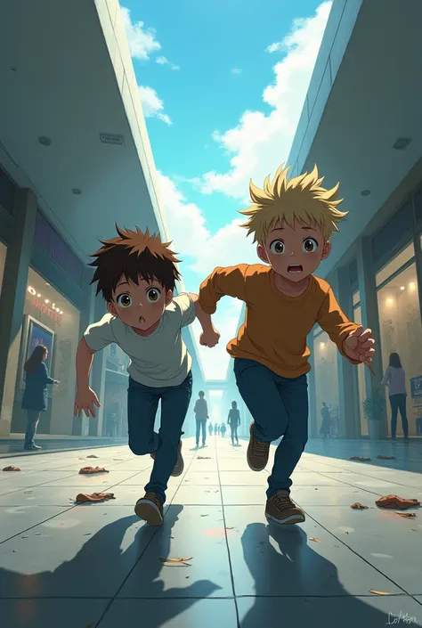 (draw 2 young boys, one with brown hair and the other with blonde hair, running scared for their lives inside an empty shopping mall with people's clothes lying on the floor, draw it in anime style.)