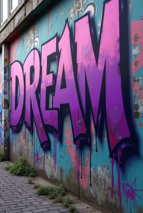 wall with purple graffiti written with the word “DREAM”