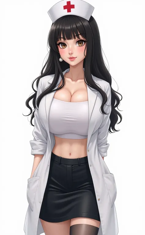 Make a nurse in drawing long black hair brown eyes wearing a lab coat  looking forward and white white in drawing more black hair white long black hair in drawing in drawing white in drawing more and white, realistic, sweet woman, croptop,turkish, jewelry,...