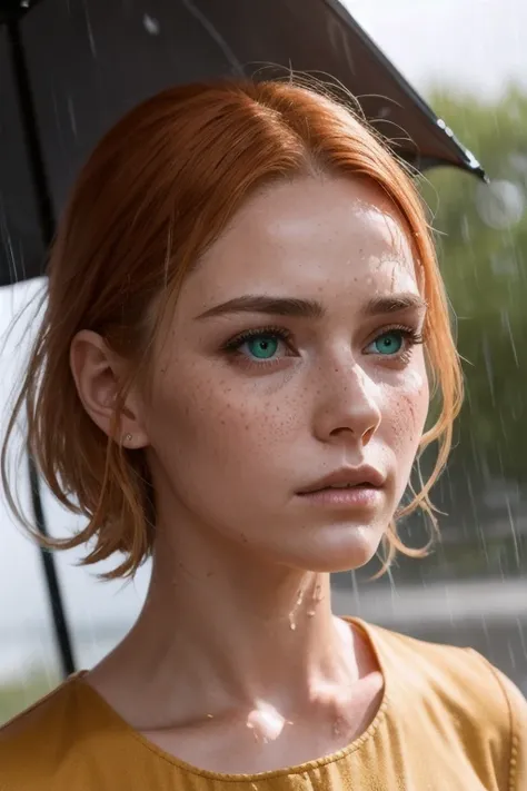 A beautiful woman looks away. Orange hair and green eyes. She's wearing a yellow dress. The woman has freckles on her face.  It is rainy weather. She is wet. The woman looks sad. The woman is looking at us. We see the woman from the front. Ultra realistic....