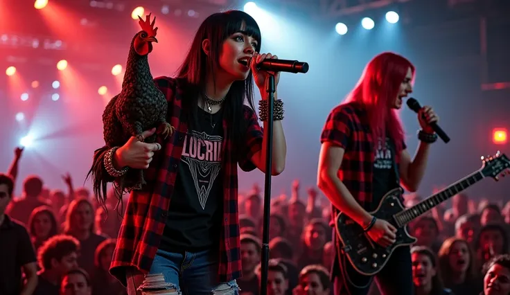 A high-resolution, realistic photograph of a 22-year-old woman with porcelain-white skin and jet-black hair styled with straight bangs and long, flowing locks. She’s wearing choker. She wears a black T-shirt featuring a metal band logo, an open red and bla...