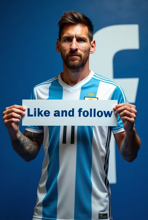 Lionel Messi is holding a banar written "like and Follow "in his hand and showing it. The background has Facebook  logo. He is wearing Argentine jersi .