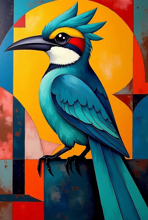 Create a Cubism-style painting of the superciliosa bird Eumomota