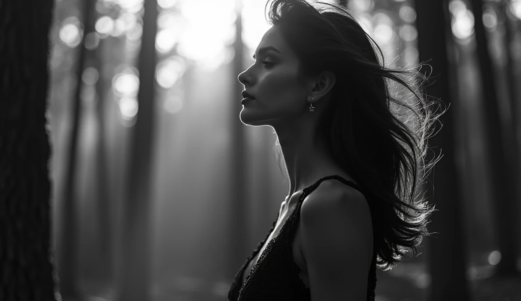 black and white photography, fashion editorial, a figure of beautiful darkhaired woman in dark lace dress in sunlit forest, rays of light, dramatic sky, light and shadows, highres, realistic photo, professional photography, cinematic angle, dynamic light b...