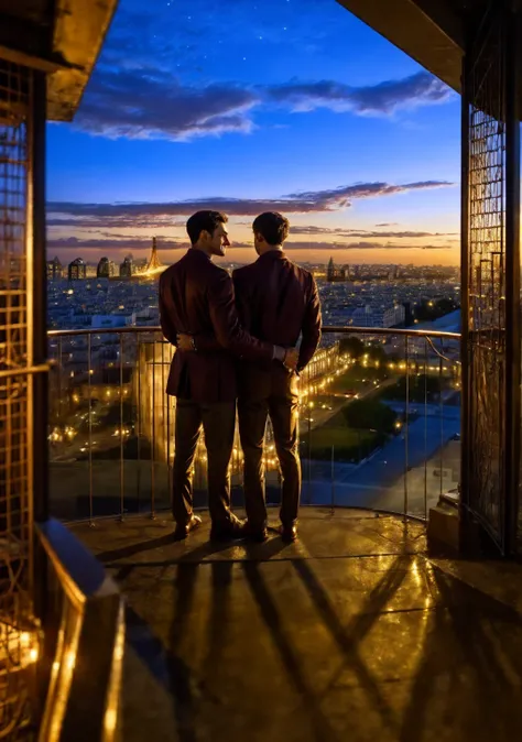 Golden hour paints the Parisian sky in hues of soft pink and gold as two athletic, handsome men stand close to each other on the observation deck of the Eiffel Tower. The city lights begin to twinkle below them, mirroring the stars just starting to appear ...