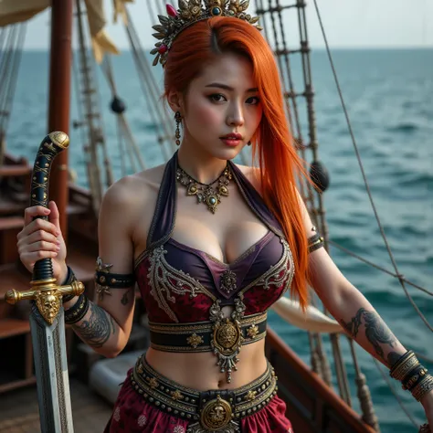 1 girl,korea face sexy girl ,pirate ship, (large cleavage,Big tits), pale skin, innocent look, Young face, hair undercut,NFSW,very beautiful Japanese, famous Japanese idol, 2, Mixture of Japanese and Russian,photo-realistic, ultra-realistic, very beautiful...