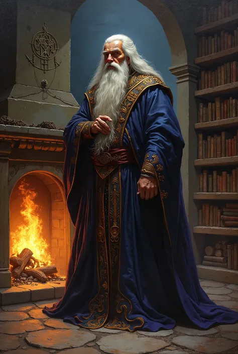 a dark fantasy oil painting of a wizard in front of a fireplace 
