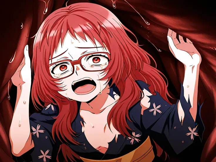 masterpiece, best quality,  absurdres, highres, cinematic light, 1girl,  miewz, red eyes, glasses, red hair, long hair, yukata, floral print, obi, japanese clothes,,
inside a stomach, stomach interior, scared face, sole feet, wet, torn clothes, open mouth,...