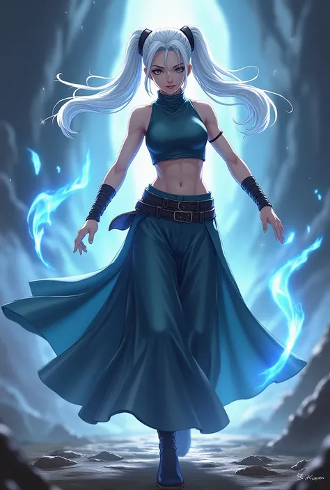 RPG anime  ,  Woman with white hair and double ponytail , fighter,Paranormal Order, wears wide pants ,turtleneck tank top with bands on the hands and feet 