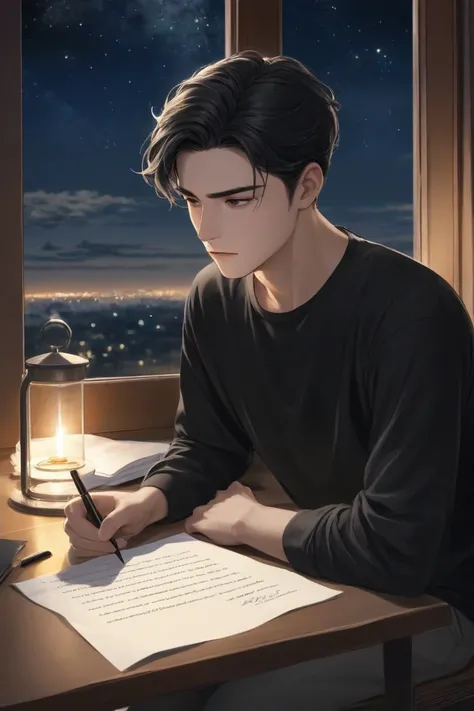 A young man with white skin,  black hair, Wear a long sleeve black shirt and gray Dril pants, He is sitting near a large glass window,  watching the night stars, the man looks thoughtful and concerned and writes a letter by hand.