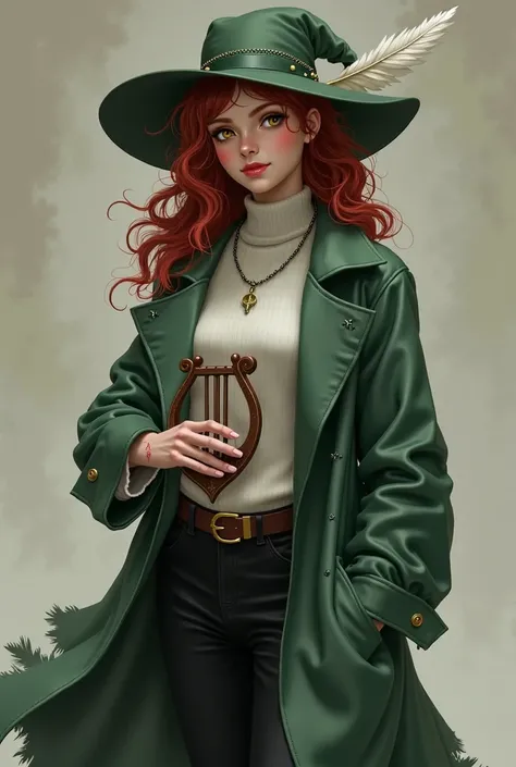  19 year old bard girl with medium breast size
dressed in a green torn raincoat, a white sweater ,
Feather hat , black pants, boots.  Yellow eyes red curly hair ,scar on the finger ,a lyre in the hands in the style of Dark Fantasy