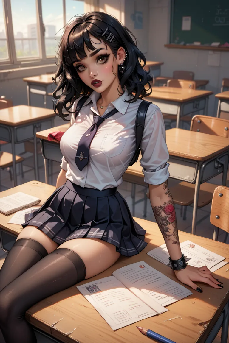 Gothic schoolgirl, 19 years old, perfect figure, 3-cup breasts, abandoned school in the background, black school uniform, tights, long disheveled hair, nose pierced, delicate skin, tattoos on the body, brown eyes, short skirt, desk, lying on a stomach on a...