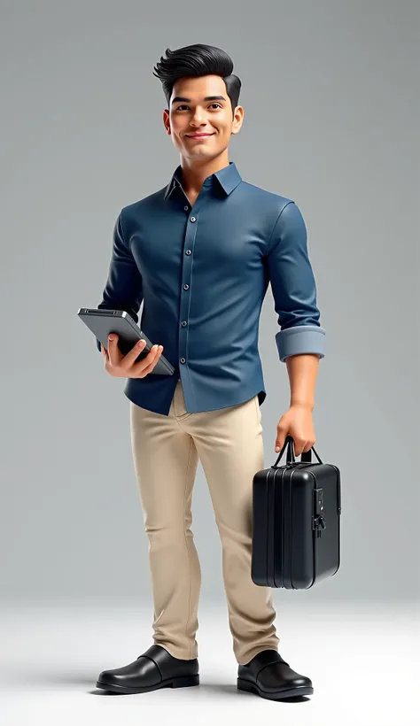  Design of an action figure of a man who works as an automotive marketer .  This character wears a donker blue shirt with long sleeves rolled up to the elbow,  cream color trousers ,  and black slipper shoes for a professional yet relaxed look .  Hair She ...