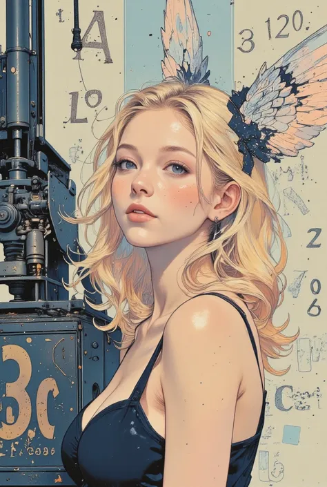 Sexy, busty, blonde woman in camisole, dreaming of a fantasy world, consisting of typography elements, letters, make me a beautiful woman, created from printing characters and old printing press, in a fairytale atmosphere, numbers, old paper fly, metal pri...