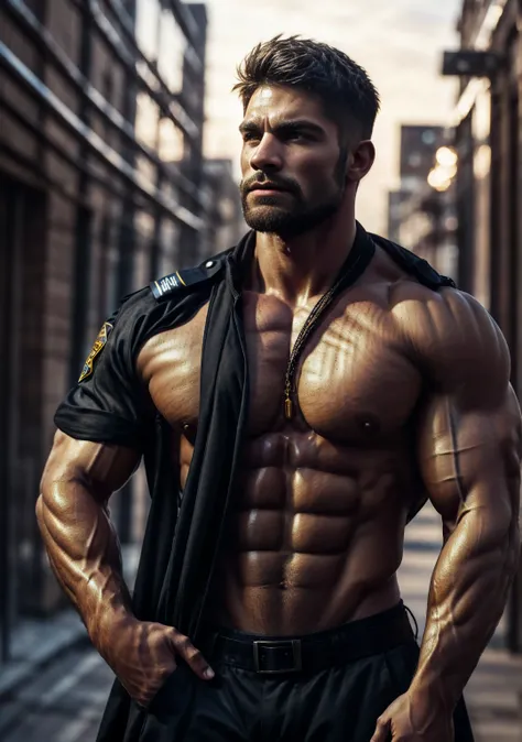 Create an ultra-realistic, high-definition image of two incredibly attractive, hyper-masculine police officers standing closely together, exuding dominance, confidence, and authority. Their physiques should be enormous, heavily muscled, and vascular, with ...