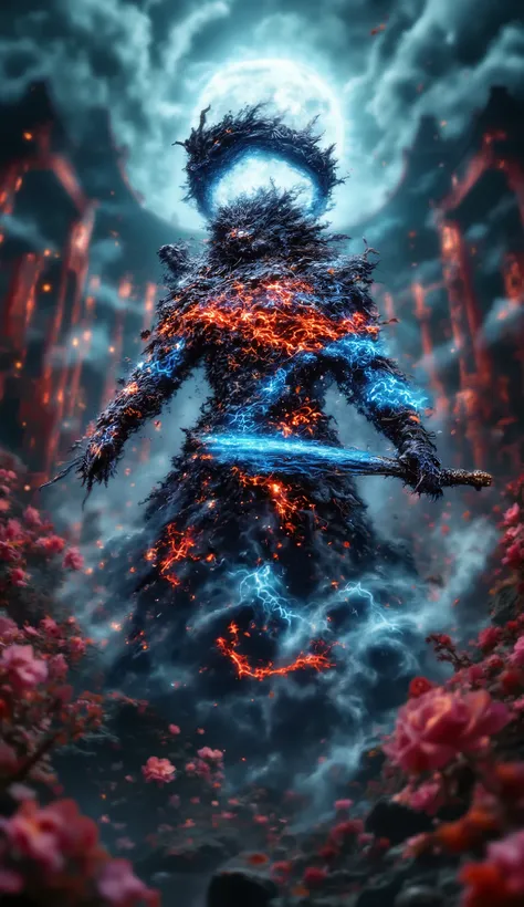 "A legendary guardian dragon with intricate red and black samurai armor, hovering above a misty, cherry blossom-covered battlefield. Its long, serpentine body coils in the air, with golden scales reflecting the soft moonlight. Glowing blue eyes emit an aur...