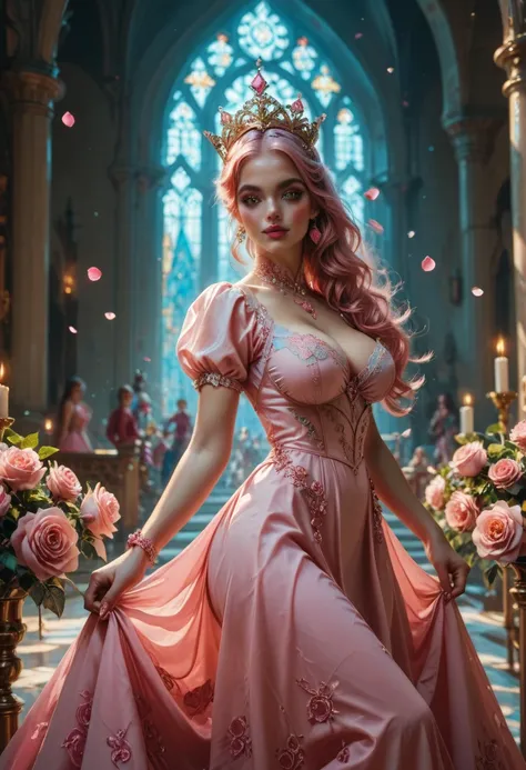      group little princesses yellow eyes long pink loose pink makeup pink transparent pink dress .  ornaments bodies Atlético slim very big breasts big buttocks coming out of a castle multicolored rose petals 