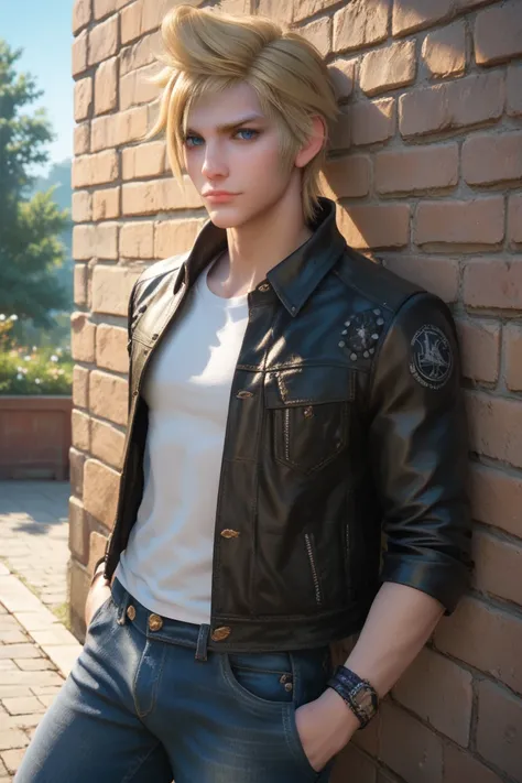 score_9, score_8_up, score_7_up,
FFPrompto, 1boy, blonde hair, blue eyes, looking at viewer, leaning against wall, outside, leather jacket, jeans, hands in pocket, at night