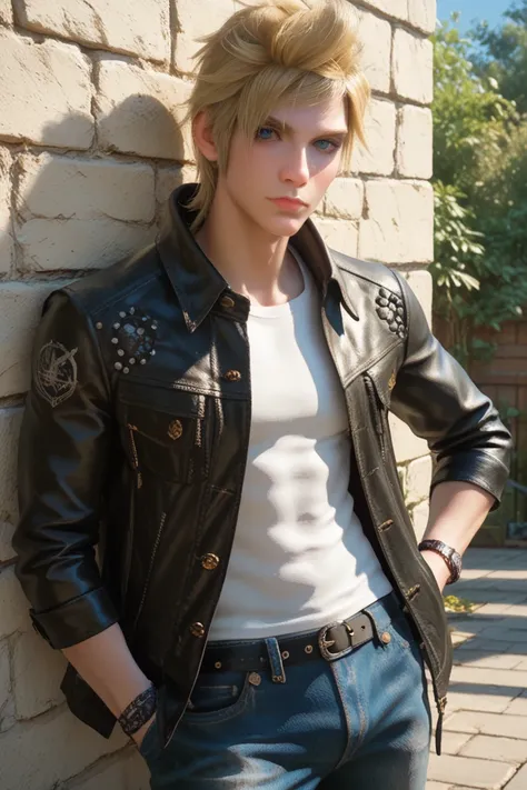 score_9, score_8_up, score_7_up,
FFPrompto, 1boy, blonde hair, blue eyes, looking at viewer, leaning against wall, outside, leather jacket, jeans, hands in pocket, at night