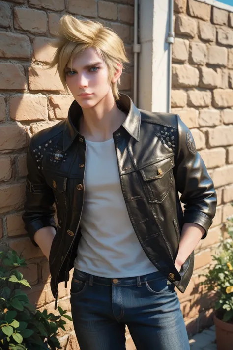 score_9, score_8_up, score_7_up,
FFPrompto, 1boy, blonde hair, blue eyes, looking at viewer, leaning against wall, outside, leather jacket, jeans, hands in pocket, at night