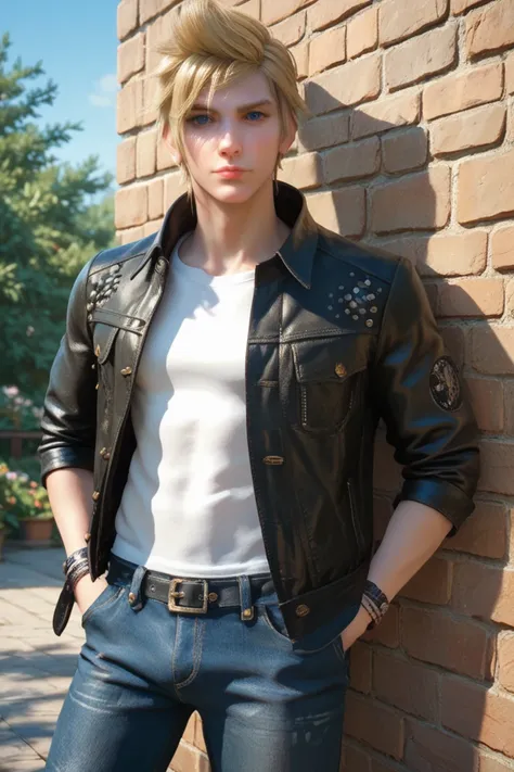 score_9, score_8_up, score_7_up,
FFPrompto, 1boy, blonde hair, blue eyes, looking at viewer, leaning against wall, outside, leather jacket, jeans, hands in pocket, at night