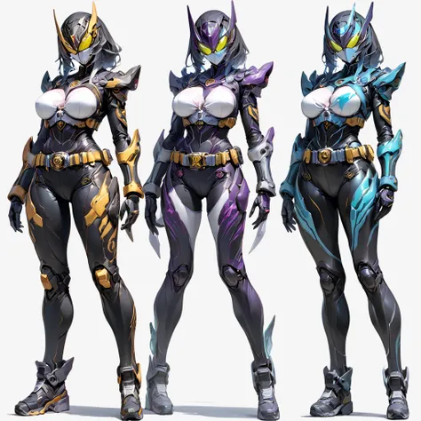 Top quality,  full body, standing, from front,looking at viewer, white background. no human features,An Alien-like female humanoid monster,large breasts,glamourous,non-human features,no human face,fully Alien,chitinous armor,wearing a transformation belt o...