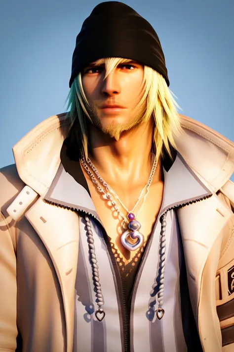 score_9, score_8, score_7, snowvilliers, solo, blonde hair, 1boy, hat, jewelry, jacket, shirt, male focus, necklace, facial hair, goatee, realistic, stubble, beanie, realistic, dizdoodz