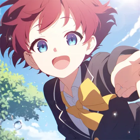  1 boy、Short Hair、 red hair color、Light blue eyes、 half-open eyes、 big smile 、 dark brown blazer 、 yellow bow on chest 、front、 upper body、Outdoors、 Sunny、wind、 light particles from directly below your feet