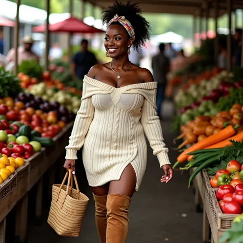 A curvaceous Black woman in a cream cable-knit sweater dress with an off-shoulder neckline and thigh-high slit, paired with over-the-knee suede boots. She carries a woven tote, her hair in a high puff with a silk scarf, strolling through a farmers’ market ...