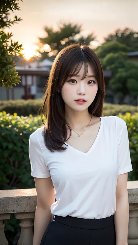 Full-body photo of a pretty japan girl with a medium hairstyle, wearing a modern-style open-front fitted shirt with pencil skirt. cross tattoo on the chest. Pretty face with a cute lower lip bite expression, hands held behind her back. The background featu...