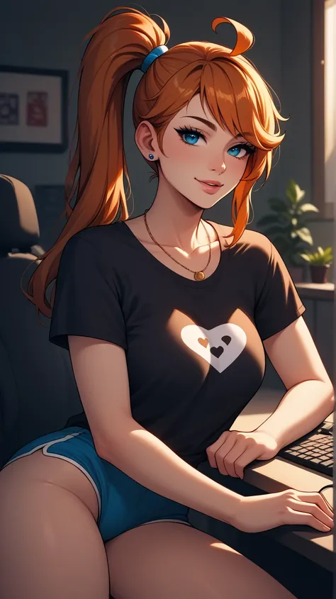 (Absurdo, alto, ultra detallado), background gamer room, orange hair, Pechos, Cabello largo, Ahoge, gamertech, neon, gamer, long hair, blue eyes, sidelocks, brown hair, side ponytail, swept bangs, hair tie