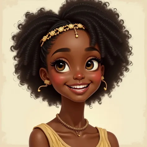  a  from Africa with curly hair and small eyes, She was small,  crown, and her eyes shone ,  reflecting pure and innocent happiness ,  with a mix of joy and emotion .