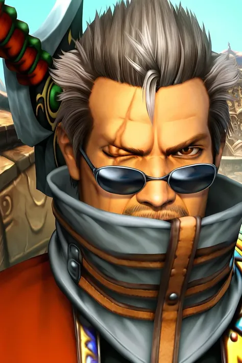 score_9, score_8_up, score_7_up, score_6_up, auron, solo, 1boy, brown eyes, weapon, grey hair, male focus, one eye closed, multiple boys, sword, scarf, facial hair, scar, sunglasses, manly, realistic, dizdoodz