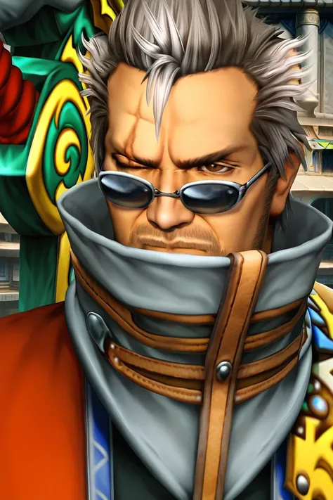 score_9, score_8_up, score_7_up, score_6_up, auron, solo, 1boy, brown eyes, weapon, grey hair, male focus, one eye closed, multiple boys, sword, scarf, facial hair, scar, sunglasses, manly, realistic, dizdoodz