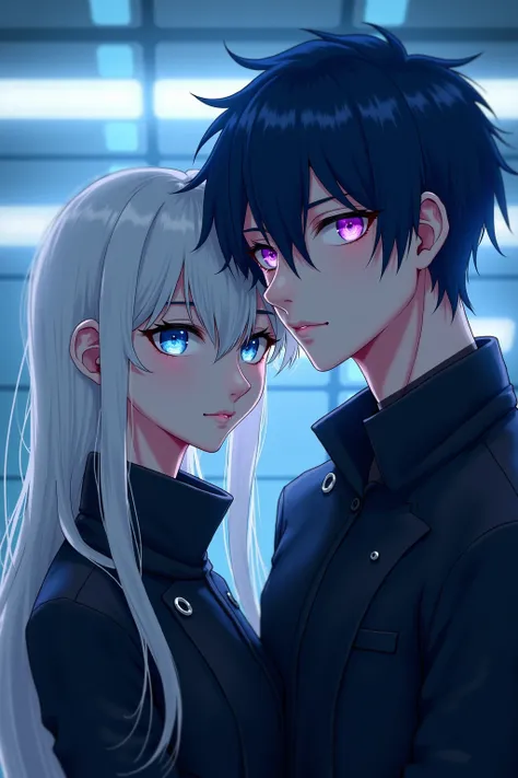 Man and woman couple、The best composition、highest quality、Masterpiece、Long white hair for woman with crystal blue eyes and bangs、Detailed eyes. Man has dark blue hair and purple eyes. Anime. Cyberpunk world. Serious. 