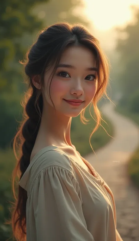 Sofia is met with a small smile and in the back there is a blurry path. 