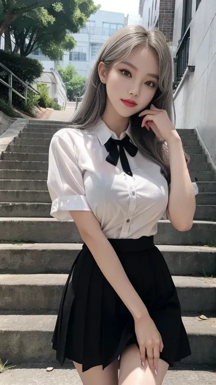 gray eyes, korean , summer black  fit shirt, ribbon tie, fit classic skirt, bright blonde, school stairs, going down school stairs, Pose that sticks out the chest, Pose showing off your chest, 8k RAW photo, High resolution,  cool korean, very big round bre...