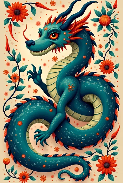 Dragon Polish folk art style in blue and sea green color 