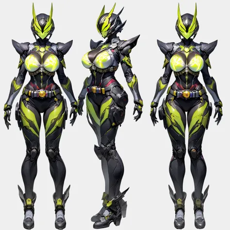 Top quality, solo, full body, standing, from front,looking at viewer, white background. no human features,An Alien-like female humanoid monster,large breasts,glamourous,non-human features,no human face,fully Alien,chitinous armor,wearing a transformation b...