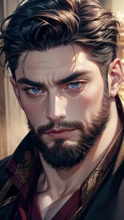 (       ,4K,8k,       highres,       masterpiece :1.2),       ultra-detailed    ,(realistic,photorealistic,photo-realistic:1.37),36-year-old man,3 day beard,Beautiful anime,Portraits,strong,Masculine,        with black hair  ,sharp jaw,             mesmeri...